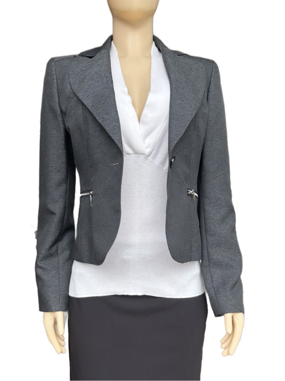 Nine & Co. Gray Lightweight Tailored Paneled Career Jacket with Zip Pocket